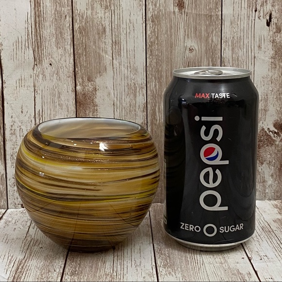 Murano Style Handblown Art Glass Swirl Gold/Brown Globe Candle Holder 3.5” Vase - Picture 10 of 14